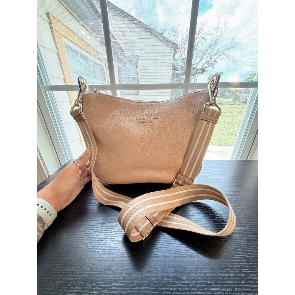 Kate Spade New York Pebbled Leather Crossbody Hobo Bag Blush Pink Stripe Strap